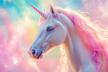 Fototapeta premium Whimsical pastel-colored illustration of a unicorn in a rainbow-colored sky