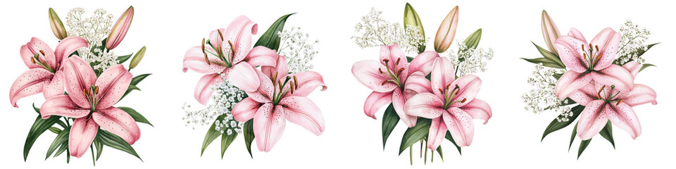 Obraz premium Stunning bouquet of lush pink lilies surrounded by green foliage and delicate white flowers in a beautiful floral arrangement Soft feminine and romantic backdrop with a harmonious serene atmosphere