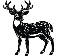 Adorable fawn-spotted reindeer black and white graphic image silhouette isolared vector design drawing style with a white background 
