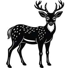 Adorable fawn-spotted reindeer black and white graphic image silhouette isolared vector design drawing style with a white background 