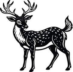 Adorable fawn-spotted reindeer black and white graphic image silhouette isolared vector design drawing style with a white background 