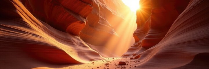 Sunlight illuminates the canyon's inner walls with warm golden hues, golden glow, warm tones