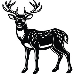 Adorable fawn-spotted reindeer black and white graphic image silhouette isolared vector design drawing style with a white background 