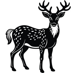 Adorable fawn-spotted reindeer black and white graphic image silhouette isolared vector design drawing style with a white background 