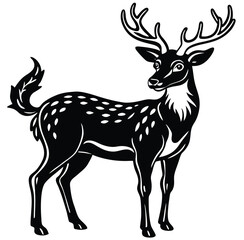 Adorable fawn-spotted reindeer black and white graphic image silhouette isolared vector design drawing style with a white background 