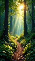 Naklejka premium Sunlit forest path winds through dense undergrowth, foliage, dense foliage, tree branches