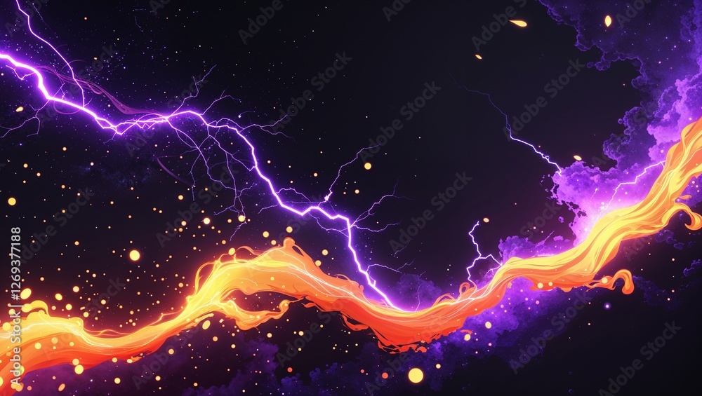 Wall mural Abstract impact of plasma orange and galaxy purple glowing lightning sparks effects anime on plain black background