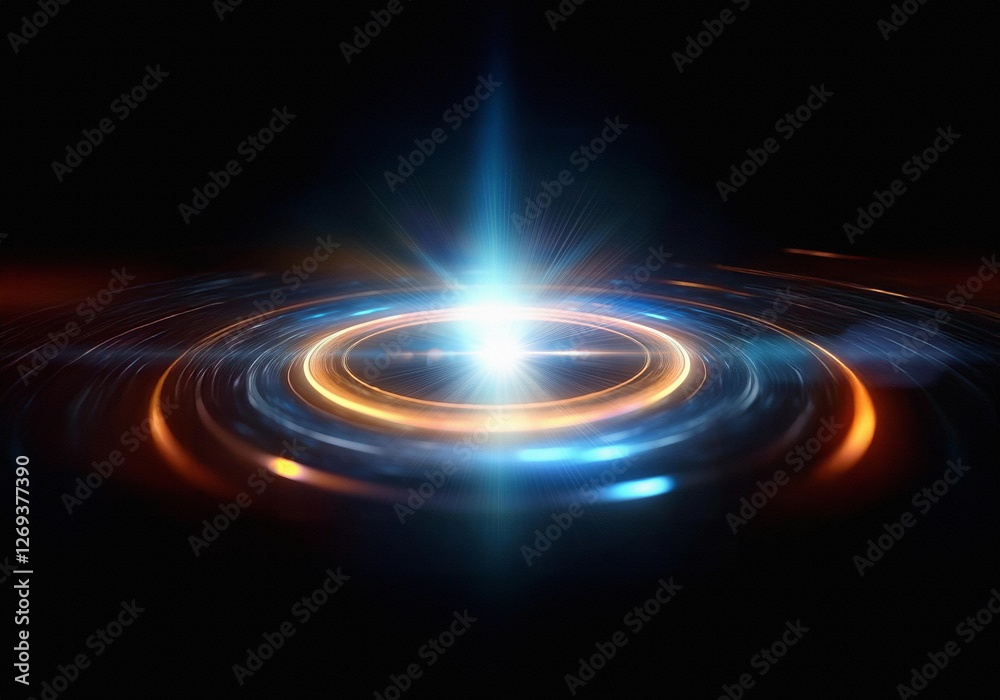 Poster A glowing light source emanating from a dark background creating swirling circles of light in blue and orange.
