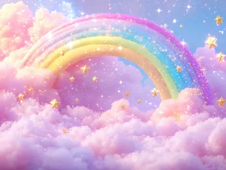 Colorful rainbow arcs over fluffy clouds with sparkling stars in a dreamy sky