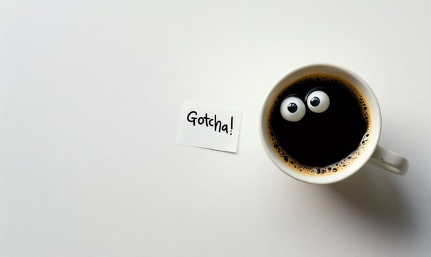 Coffee cup with plastic eyes staring at you like it's finally got you, with a gotcha! message aside