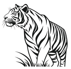 Simple majestic royal ferocious angry wild tiger body, face, mascot logo, crown symbol, black and white symbol design, elegant logo, premium luxury brand identity icon silhouette vector image.