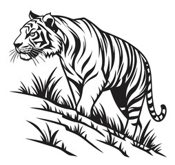 Simple majestic royal ferocious angry wild tiger body, face, mascot logo, crown symbol, black and white symbol design, elegant logo, premium luxury brand identity icon silhouette vector image.