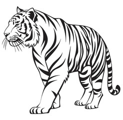 Simple majestic royal ferocious angry wild tiger body, face, mascot logo, crown symbol, black and white symbol design, elegant logo, premium luxury brand identity icon silhouette vector image.