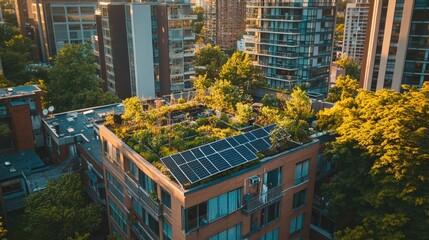 Rooftop garden with solar panels on building.