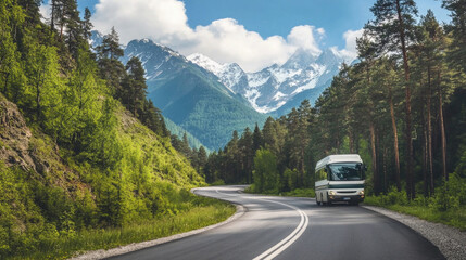 Naklejka premium Scenic mountain road with a bus traveling through lush greenery on a sunny day