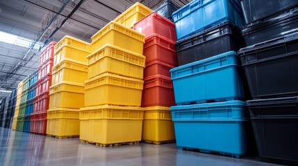 Stacks of Colorful Plastic Bins in a Spacious Facility