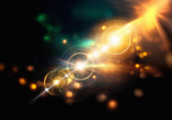 Glowing orbs and streaks of light converge in a cosmic display against a black background. The radiant energy creates an abstract, otherworldly scene.