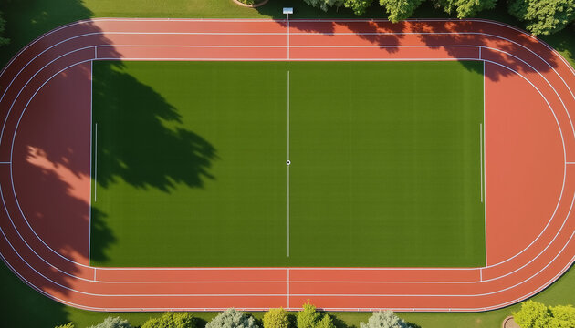 Aerial view of an empty running track with green grass