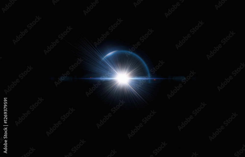 Poster a bright blue light with rays extending outward on a black background.