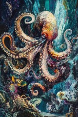 Obraz premium Captivating Surreal Octopus with Intricate Swirling Tentacles in Vibrant Oil Painting