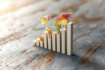 3D bar chart with world map overlay represents global economic data trends