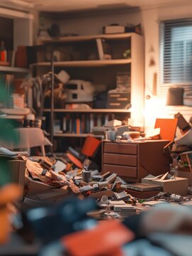 mess, disorder and interior concept - blurred photo of messy home living room with scattered stuff