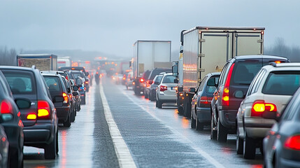Traffic Jam on a Rainy Day Along a Busy Highway During Early Morning Hours Near Urban Area