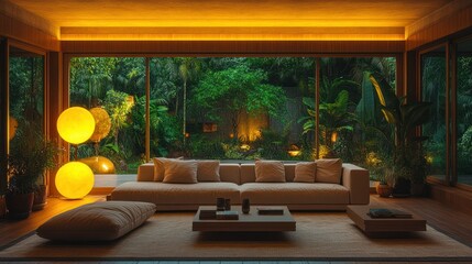 Tropical garden view living room evening relaxation