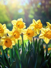 Fototapeta premium Amazing yellow huge bright daffodils in sunlight, Digital glitch effect