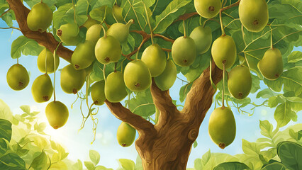 A kiwi tree featuring both its leaves and fruit