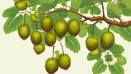 A kiwi tree displaying its leaves alongside the fruit