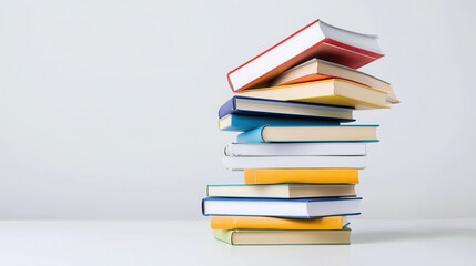 stack of colorful books on white table against plain background