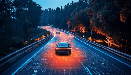 Autonomous vehicle scanning road hazards, AIdriven sensors, IoTbased realtime detection, futuristic road network, glowing radar beams, ultradetailed cyber interface, 8K