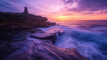 Majestic Sunset Over Rugged Coastline with Historic Tower
