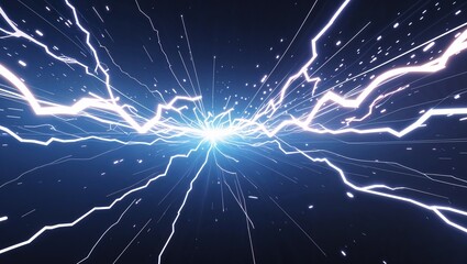 Abstract impact of supercharged white glowing lightning sparks effects anime on plain black background