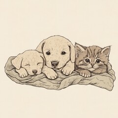 Adorable Minimal Illustration of Three Puppies and a Kitten Cuddling Together