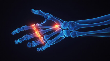 Detailed anatomical view of a human hand highlighting bone structure and joint positions