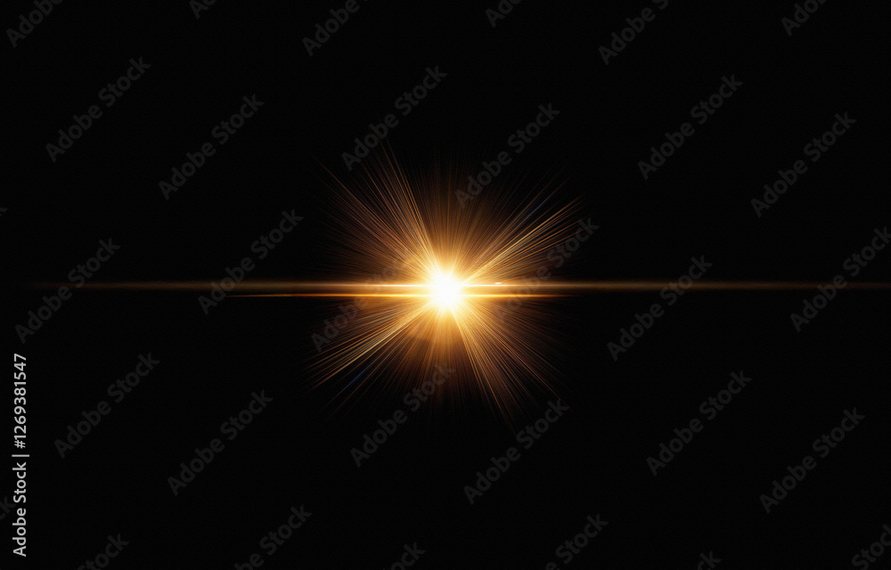 Poster a single bright gold light source with rays of light radiating outward on a black background.