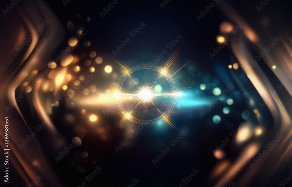 Poster a bright gold light emits from the center of a circular glow with thin, glowing lines radiating outw