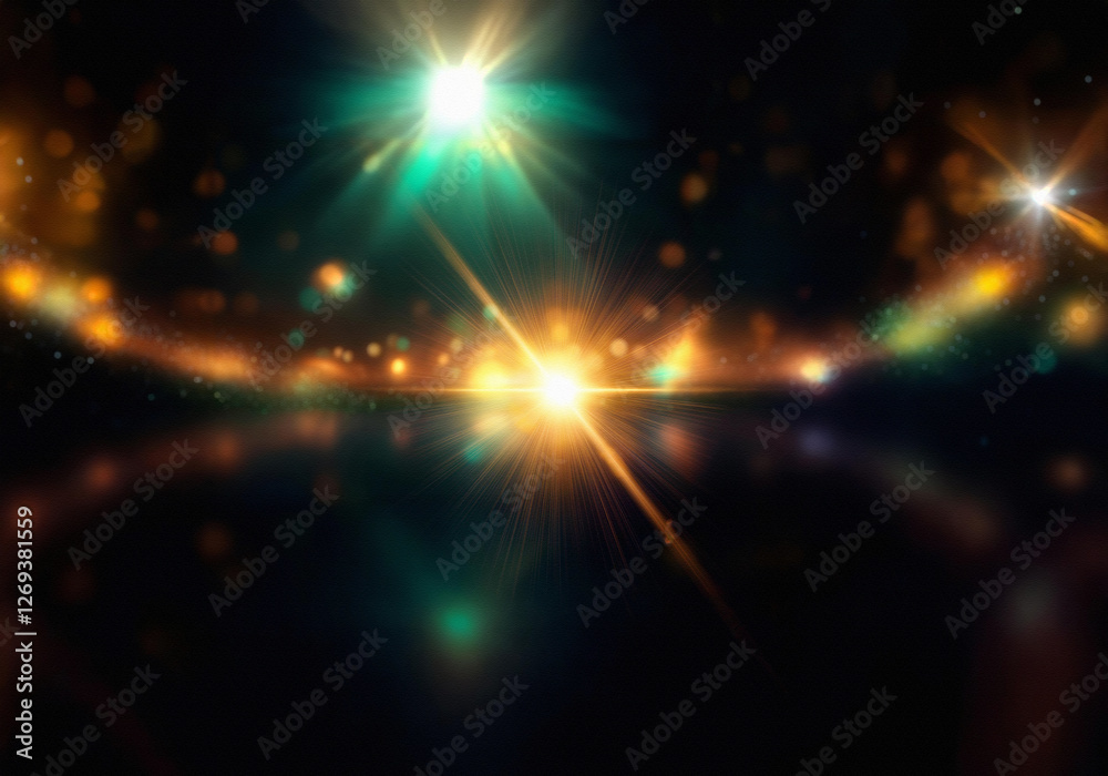 Poster A dark background with a bright green light source shining down on the surface, illuminated by warm golden bokeh.