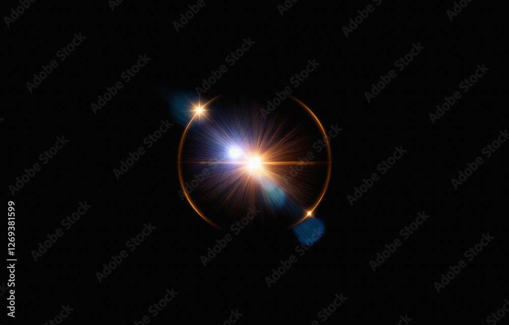 Poster a bright light in the shape of a ring shines in the center of a black background.