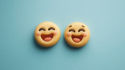 Two Smiling Emojis with Big Grins on a Light Blue Background - obrazy, fototapety, plakaty