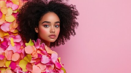 A chic and contemporary fashion portrait of a model in a striking minimalistic outfit designed entirely from delicate spring petals 