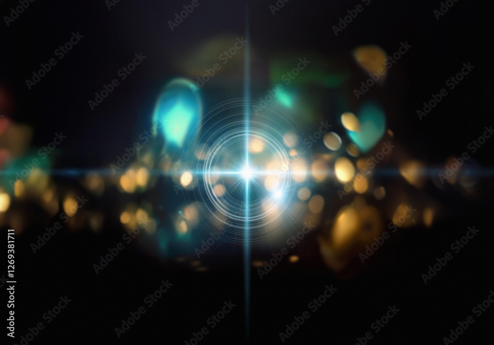Poster a dark background with out-of-focus bokeh lights of varying sizes and colors, including gold, blue, 
