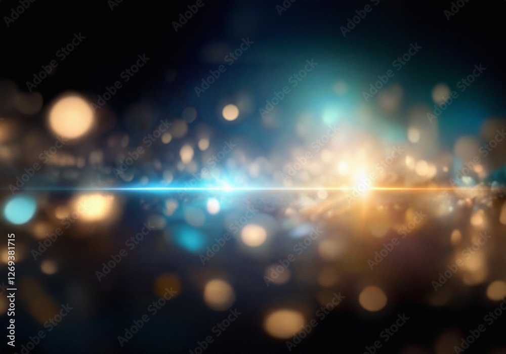 Poster a blurry background with a light blue and gold color scheme, with lights of various sizes scattered 