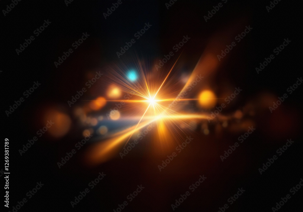 Fototapete an abstract image of a glowing orange line with bokeh lights on a black background.