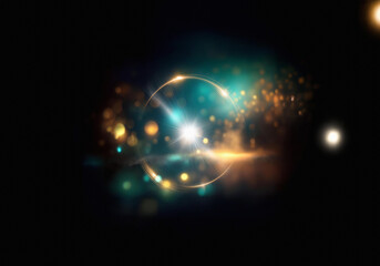 Abstract background with blurred lights in blue, green, and gold.