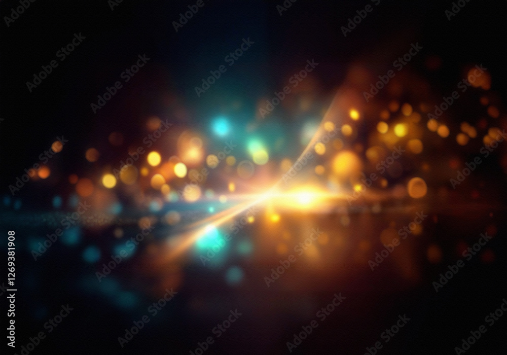 Poster a dark background with an out-of-focus, shimmering, and reflective surface, illuminated by colorful 