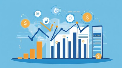 Fototapeta premium Business and economic growth on a global network featuring data analysis, financial banking insights, customer service innovation, advanced technology and data connectivity, teamwork collaboration, st