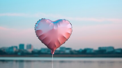 Fototapeta premium Transgender Day of Visibility concept. Glowing Heart Shaped Transgender Pride Balloon Drifting in Dreamlike Urban Skyline